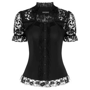 Black Lace Patchwork Button Decorated Stand Collar Tops